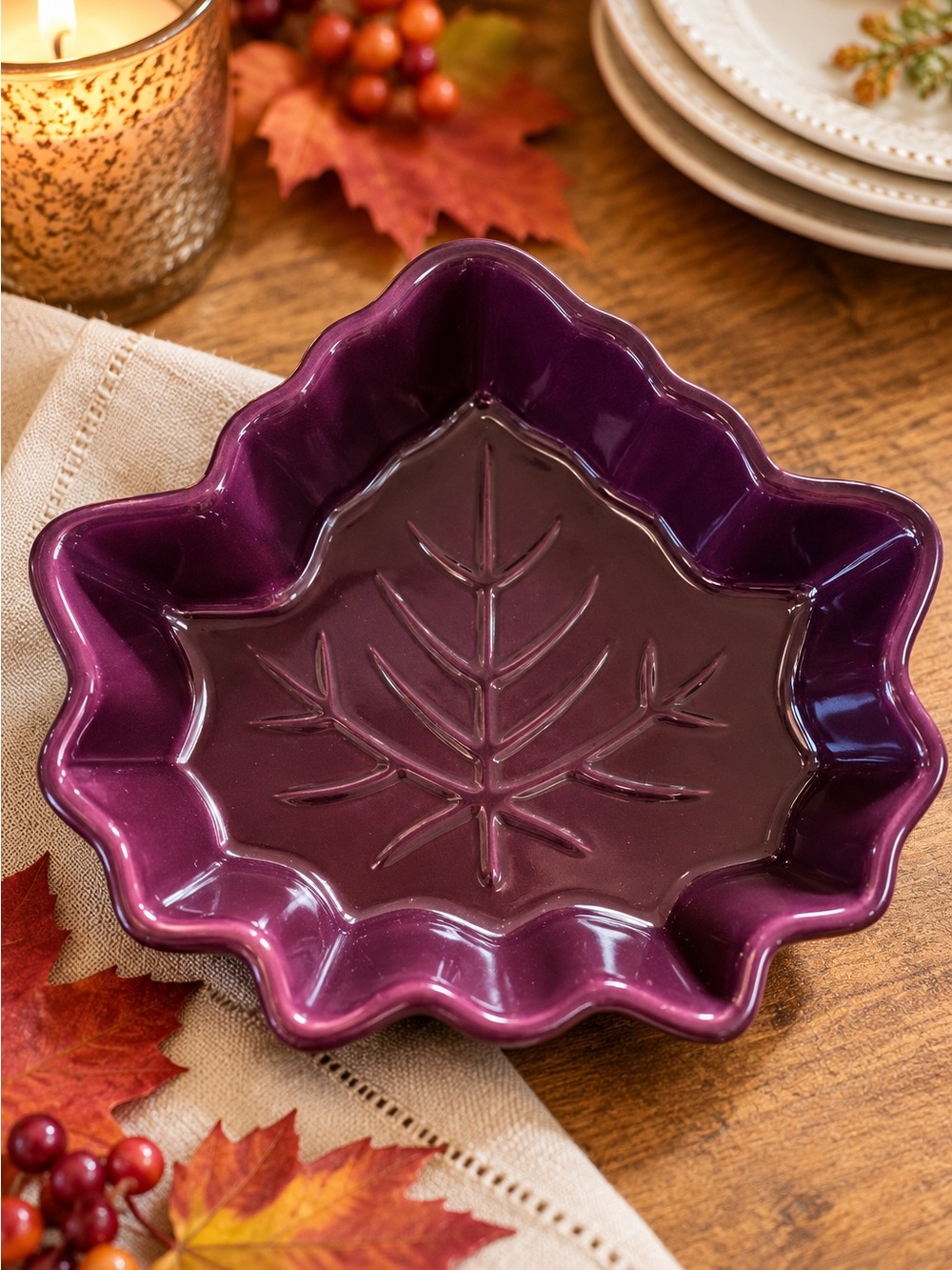 Purple Ceramic Leaf Baking Dish Fall Thanksgiving Serving Bowl Autumn Decor